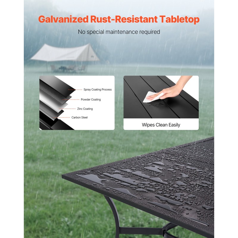 Hiiliteräksinen ulkoruokapöytä 150 cm 4–6 hengelle 38 mm varjoaukko