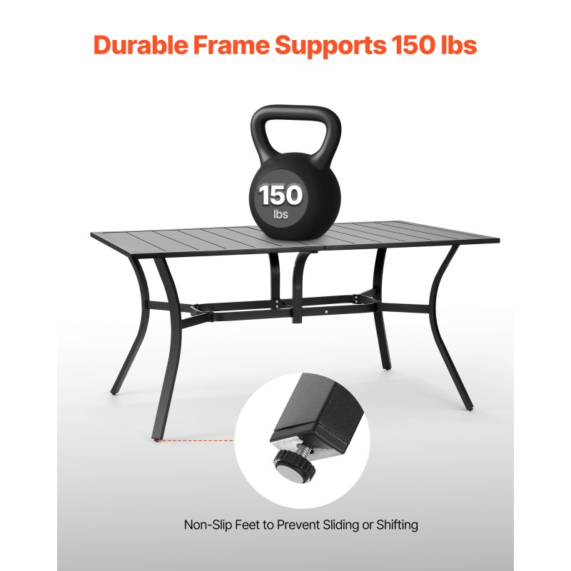 Hiiliteräksinen ulkoruokapöytä 150 cm 4–6 hengelle 38 mm varjoaukko