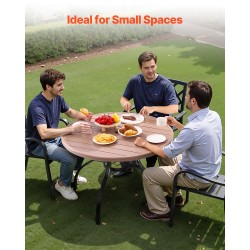 Teräspöytä pyöreä 103 cm jauhemaalattu sinkitty puukuviokansi 4 hengelle varjoreikä 38 mm