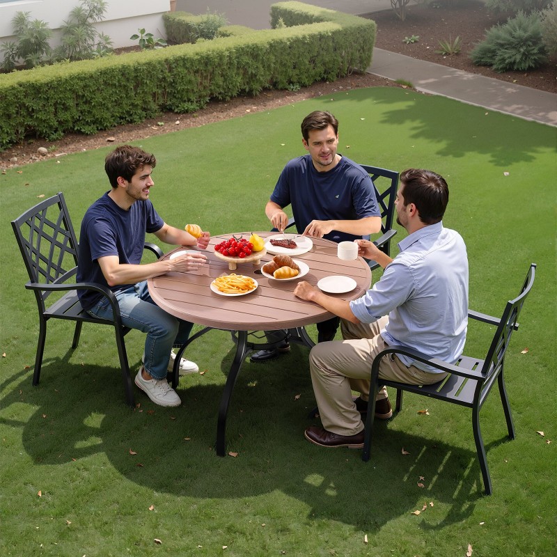 Teräspöytä pyöreä 103 cm jauhemaalattu sinkitty puukuviokansi 4 hengelle varjoreikä 38 mm