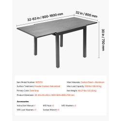 Jatkettava ulkoruokapöytä 800–1600 mm hiiliteräs ja alumiini tummanharmaa