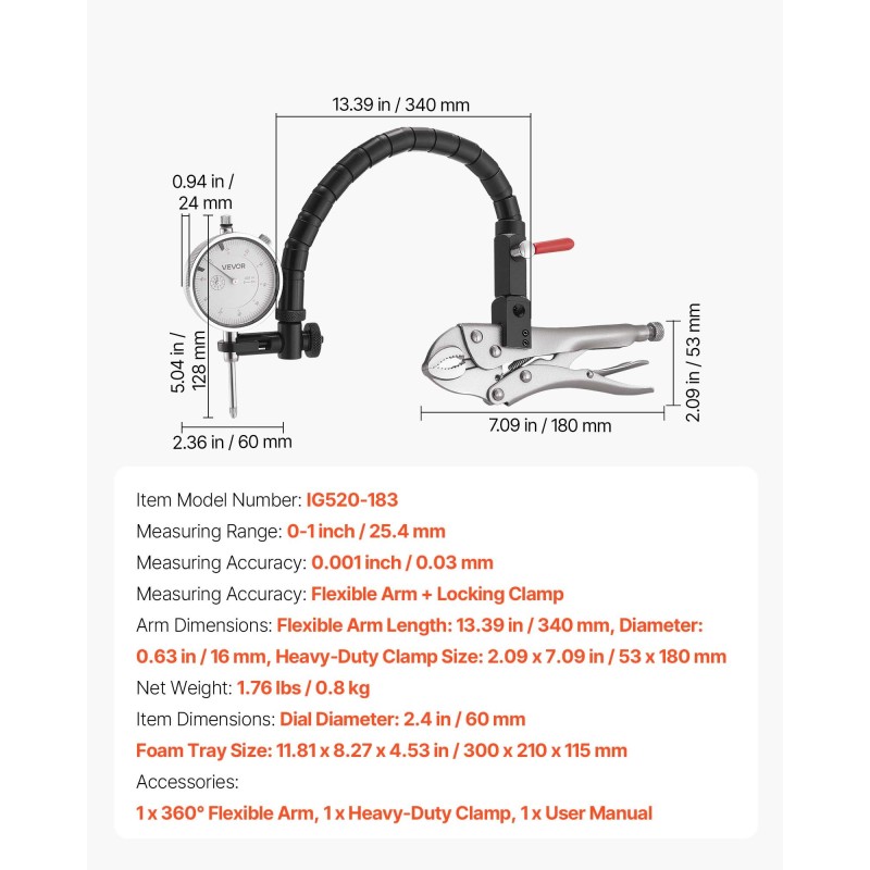 Mittakello sisähalkaisijan mittaukseen 0–25,4 mm 0,03 mm tarkkuus alumiinirunko 360 asteen varsi