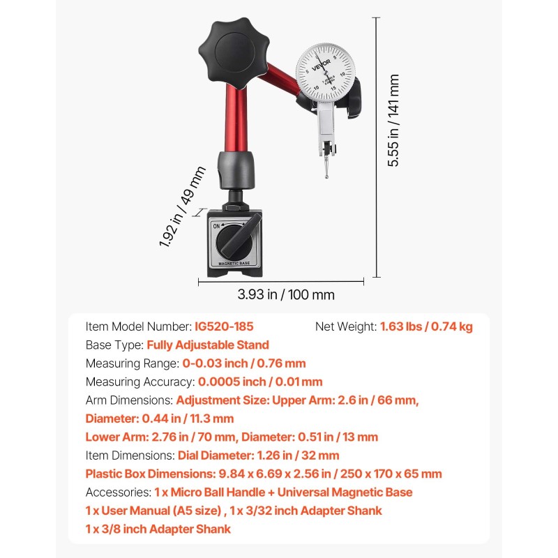 Kellomittari magneettijalustalla 0–0,76 mm 0,01 mm tarkkuus alumiinirunko ruostumaton mittatanko muovikotelo