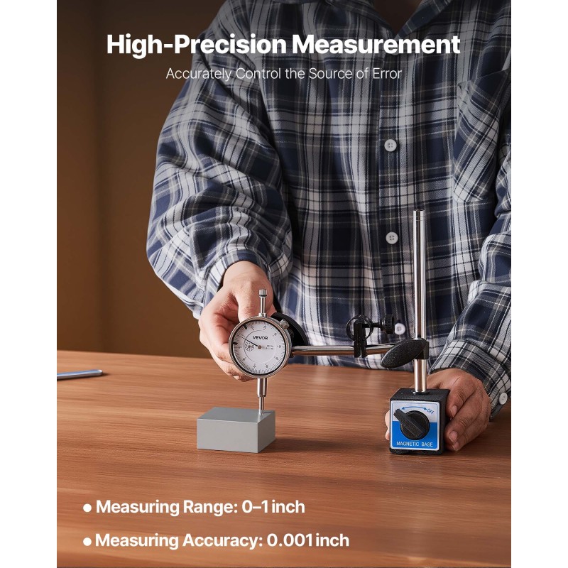 Mekaaninen mittakello alumiiniseosrunko 0–25,4 mm tarkkuus 0,03 mm kaksoistankoinen magneettijalusta