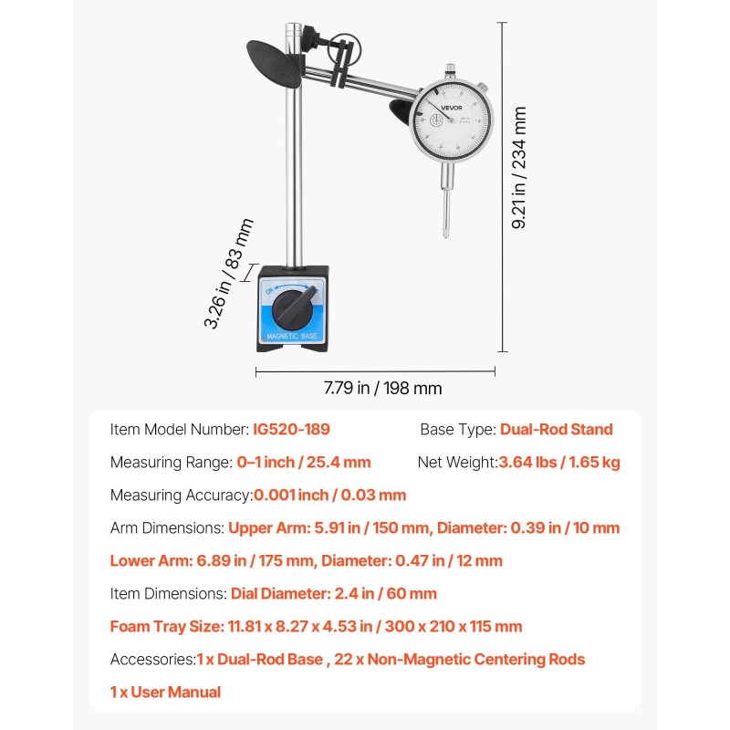 Mekaaninen mittakello alumiiniseosrunko 0–25,4 mm tarkkuus 0,03 mm kaksoistankoinen magneettijalusta