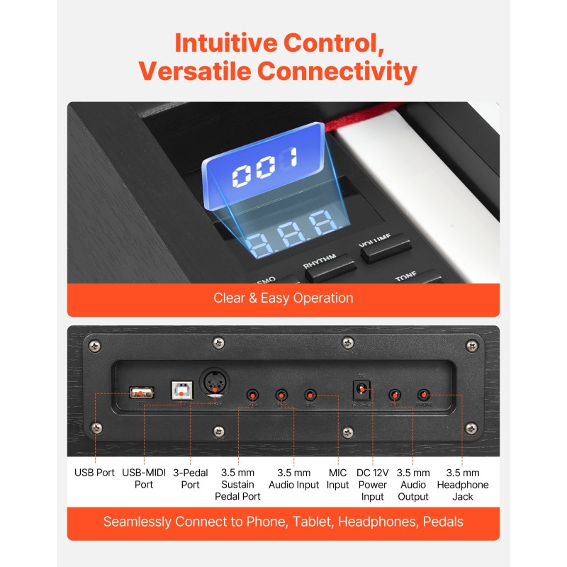 Digitaalipiano 88 täysin painotettua kosketinta kaksinkertainen koskettimisto 238 ääntä langaton MIDI-tuki