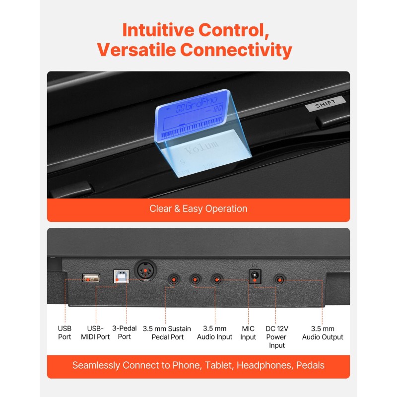 88-koskettiminen täysin painotettu digitaalipiano 280 äänellä Bluetoothilla ja MIDI-tuella