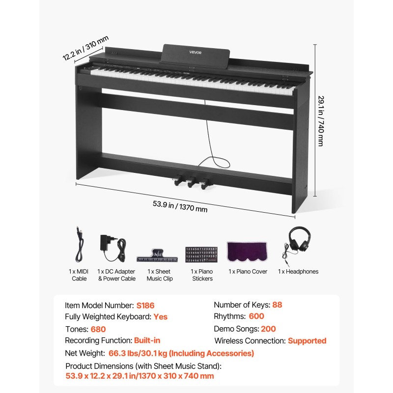 Digitaalipiano 88 täysin painotettua kosketinta 680 ääntä langaton yhteys MIDI-liitännät
