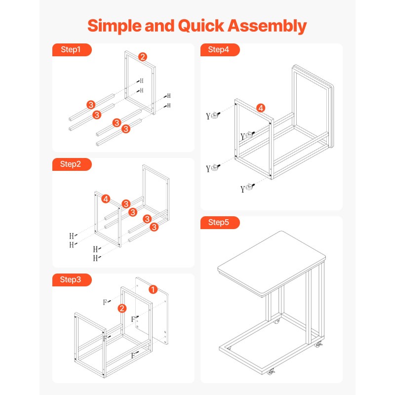 C-muotoinen sivupöytä metallirungolla ja MDF-pöytälevyllä pyörillä kantavuus 25 kg