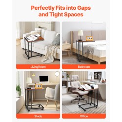 C-muotoinen sivupöytä metallirungolla ja MDF-pöytälevyllä pyörillä kantavuus 25 kg