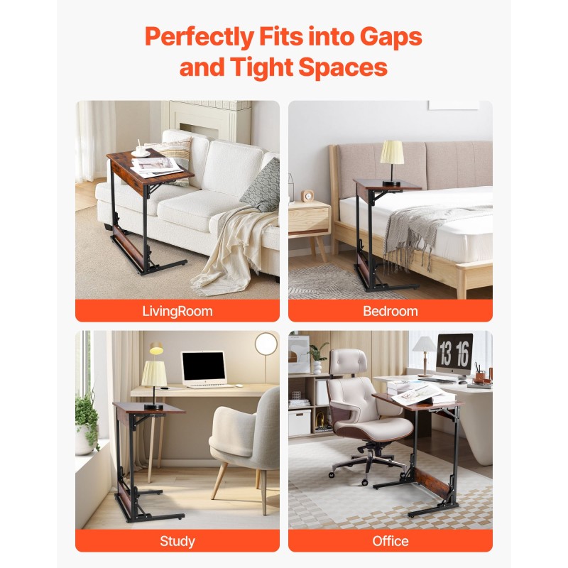 C-muotoinen taitettava sivupöytä metallirunkoinen paksu lastulevykansi säädettävät jalat kantavuus 14 kg