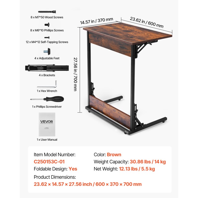 C-muotoinen taitettava sivupöytä metallirunkoinen paksu lastulevykansi säädettävät jalat kantavuus 14 kg