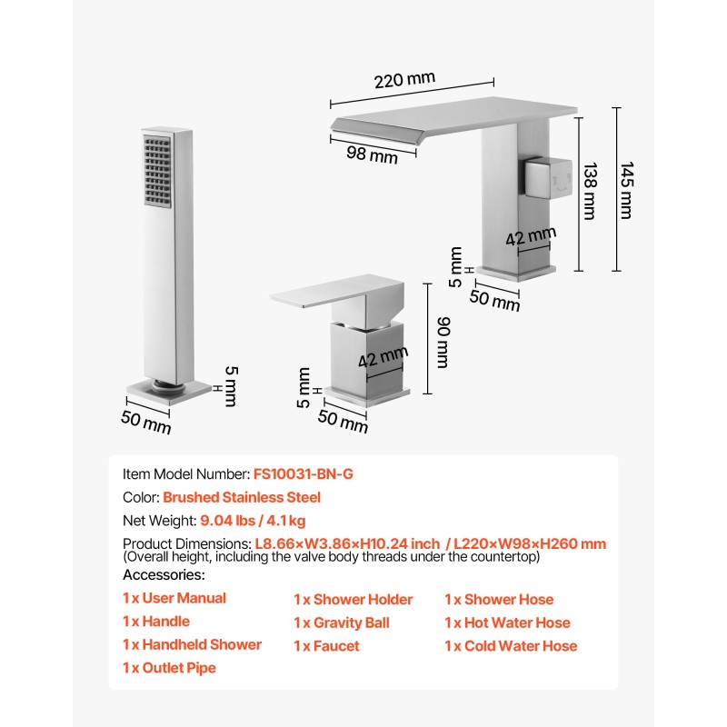 Ammehana harjattu ruostumaton teräs 3-reikäinen reuna-asennus yhden vivun vesiputoussuu käsisuihku