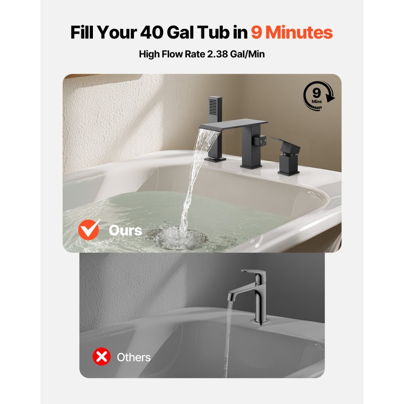 Kolmereikäinen mattamusta ammehana ruostumaton teräs vesiputous käsisuihku yhden vivun ohjaus