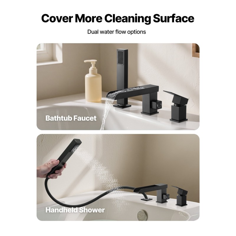 Roomalainen ammehana ruostumattomasta teräksestä mattamusta 3-reikäinen yhdellä vivulla käsisuihkulla