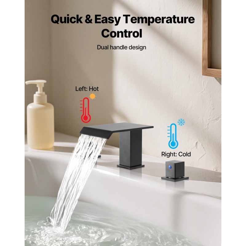 Ammehana 3-reikäinen ruostumaton teräsrunko mattamusta kaksi kahvaa vesiputoussuihku