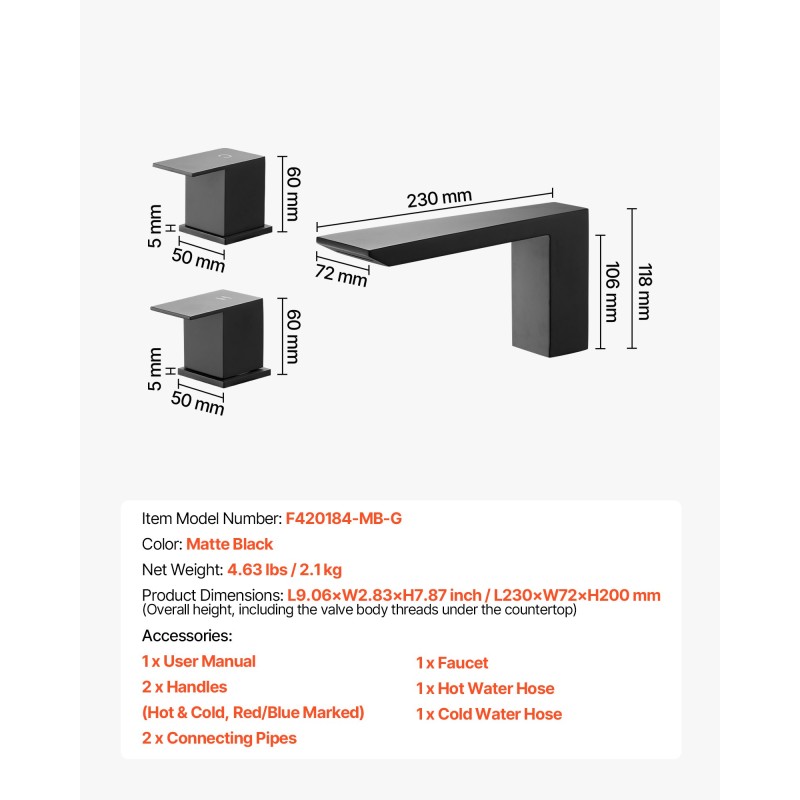 Ammeen reunalle asennettava vesiputoushana ruostumaton teräs mattamusta kaksikahvainen kolmireikäinen