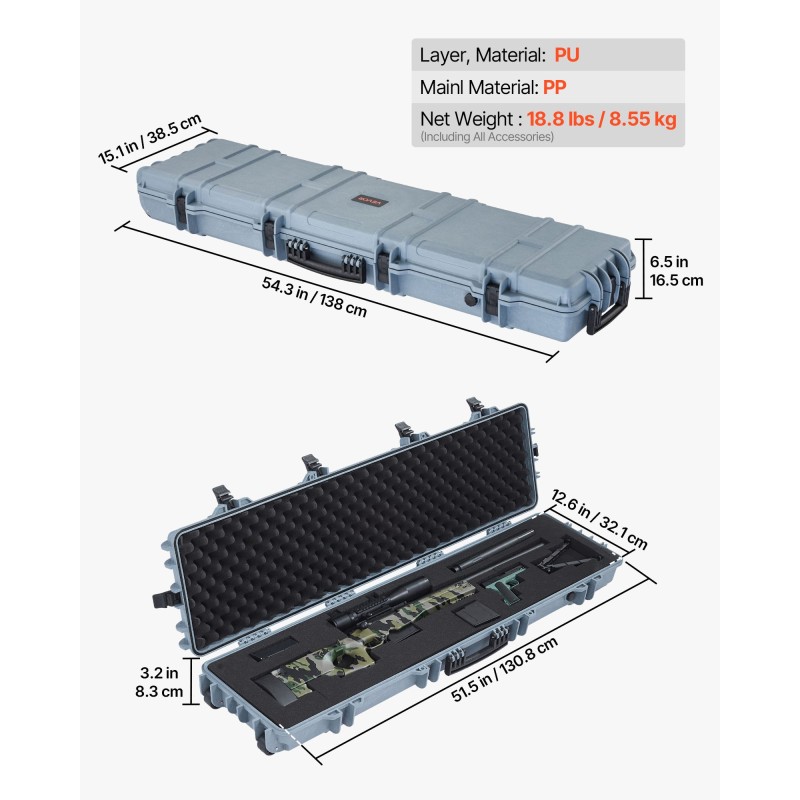 Kovakantinen PP-muovinen asekotelo 138 cm pitkä lukittava kivääreille pyörillä