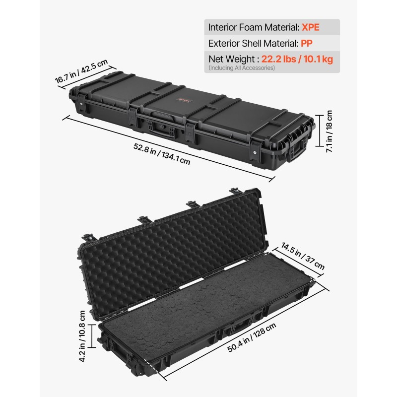 Kovakotelo pitkille aseille PP 134x42,5x18cm IP67 lukittava XPE-vaimennus