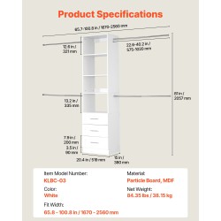 Säädettävä kaappijärjestelmä 3 laatikkoa MDF- ja lastulevy 1670–2560 mm