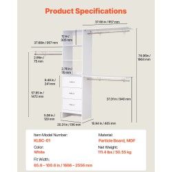 Laajennettava vaatekaappijärjestelmä MDF-lastulevy valkoinen 3 vetolaatikkoa 3 vaatetankoa 5 säädettävää hyllyä