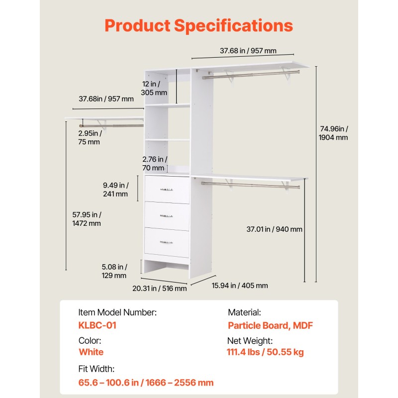 Laajennettava vaatekaappijärjestelmä MDF-lastulevy valkoinen 3 vetolaatikkoa 3 vaatetankoa 5 säädettävää hyllyä