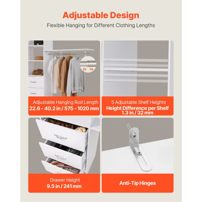 Laajennettava vaatekaappijärjestelmä MDF-lastulevy valkoinen 3 vetolaatikkoa 3 vaatetankoa 5 säädettävää hyllyä