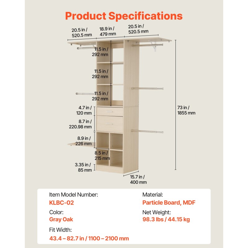 Vaatekaappijärjestelmä lastulevy harmaan tammen sävyllä kaksi laatikkoa säädettävä leveys 1100–2100 mm