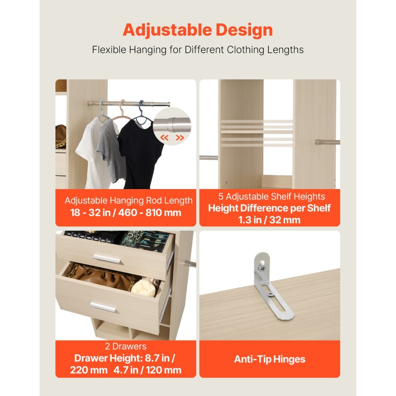 Vaatekaappijärjestelmä lastulevy harmaan tammen sävyllä kaksi laatikkoa säädettävä leveys 1100–2100 mm