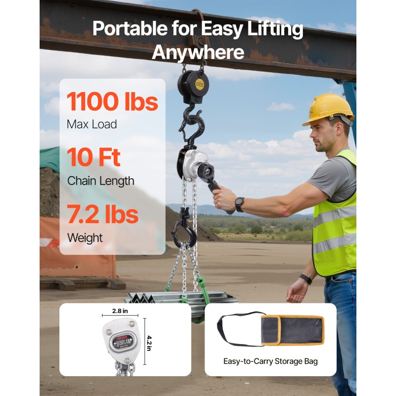 Käsikäyttöinen vipukettinki 500 kg suurilujuuksinen seosteräsketju teräsrakenne 3 m nostokorkeus kaksitoiminen jarru