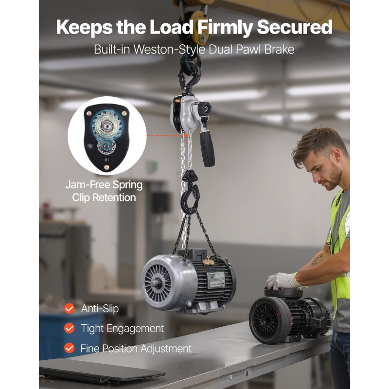 Käsikäyttöinen vipuketjutalja 250 kg G80 ketju 3 m 360 asteen koukut