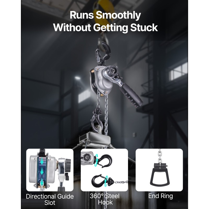 Käsikäyttöinen vipuketjutalja 250 kg G80 ketju 3 m 360 asteen koukut