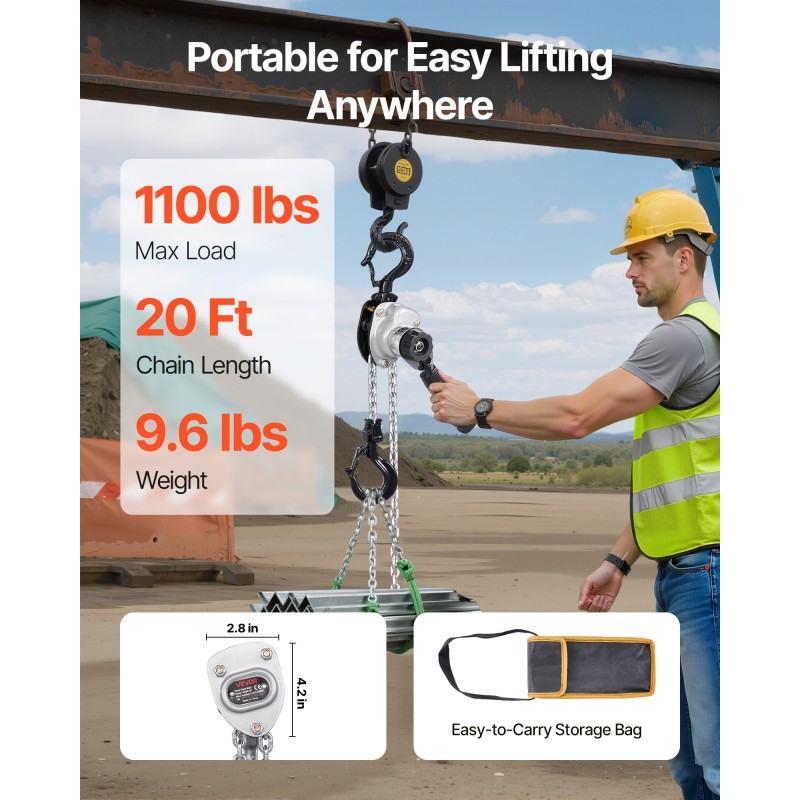 Viputalja käsikäyttöinen 0,5 t 6 m G80-seosteräsketju kaksoiskynsinen jarru