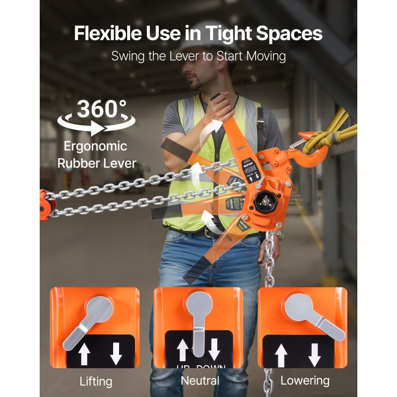 Viputoiminen ketjunostin teräsrunkoinen kuusi tonnia kolme metriä ergonominen kahva kääntyvät koukut