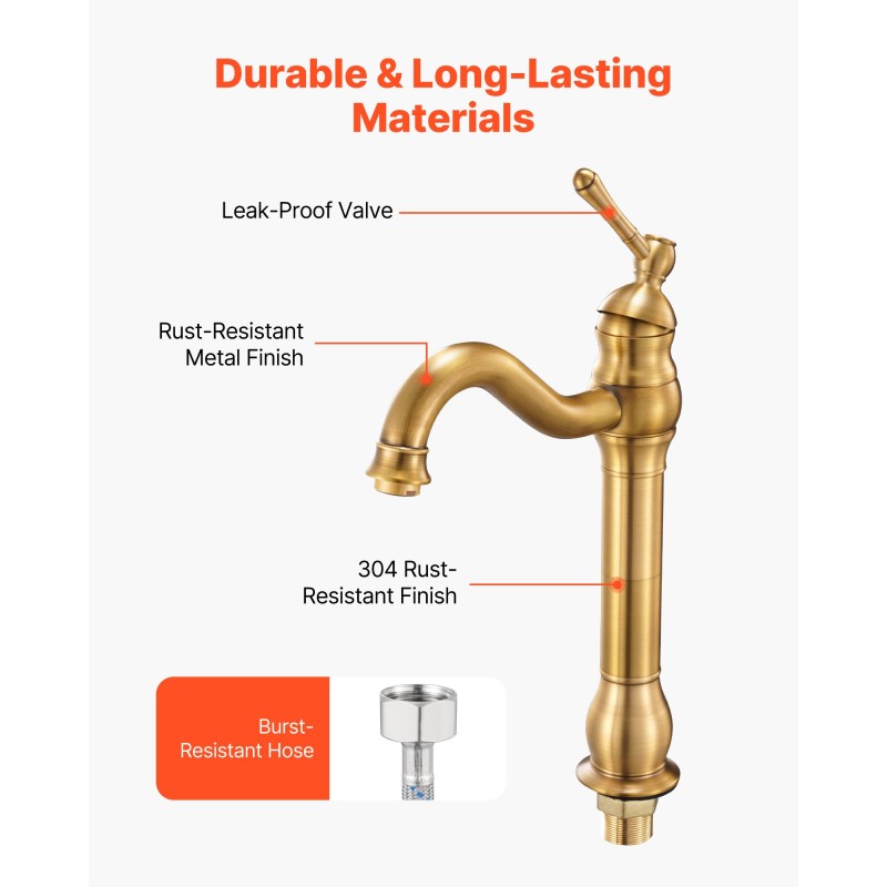 Pesuallashana yksikahvainen täysmessinkirunko punottu 304-teräsletku 210 mm juoksuputki painonapilla toimiva pohjaventtiili