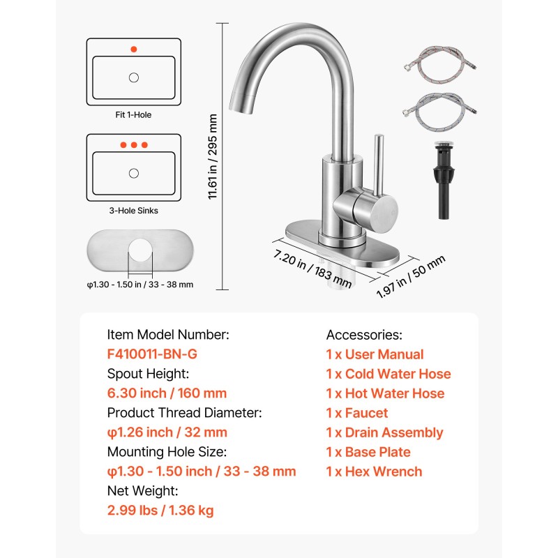 Yksikahvainen hana ruostumatonta terästä harjatulla nikkelipinnalla korkea kääntyvä juoksuputki keittiöön ja kylpyhuoneeseen