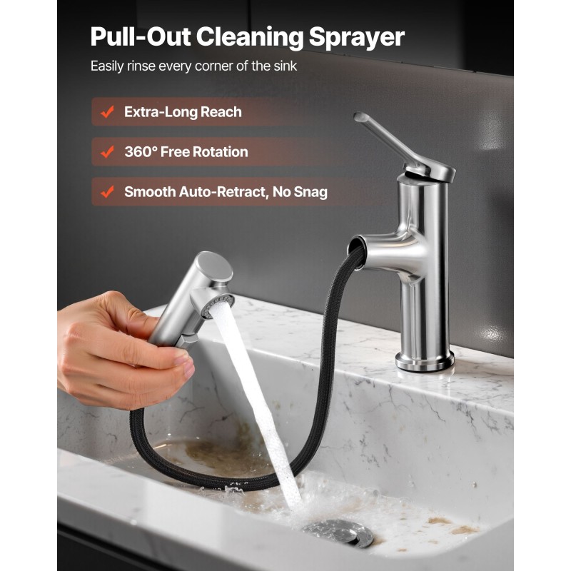 Keittiö- ja allashana 304-ruostumatonta terästä ulosvedettävällä 360 asteen suuttimella harjattu nikkelipinta