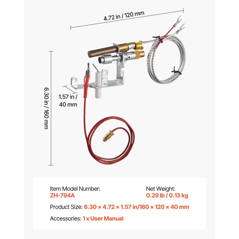 Pilottipoltinkokoonpano maakaasukäyttöön kuumuutta ja korroosiota kestävä hopea 160x120x40 mm