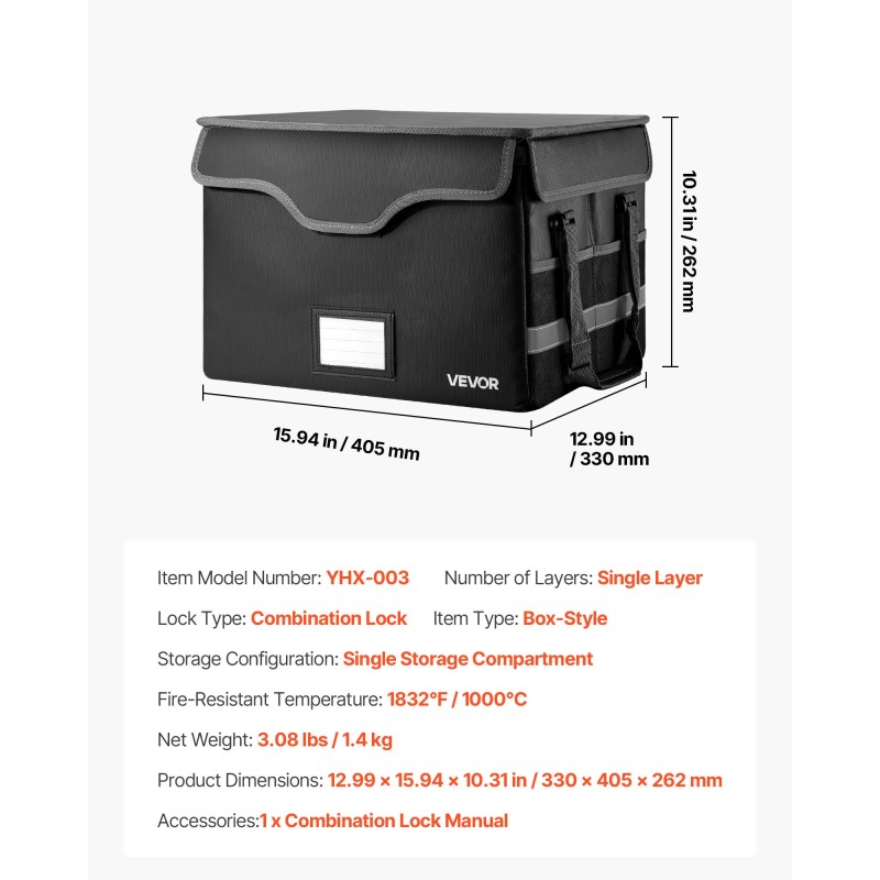 Tulenkestävä vedenpitävä asiakirjalaatikko silikonipinnoitetusta lasikuidusta 1,4 kg