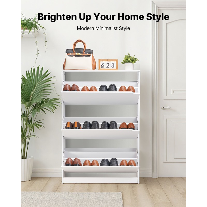 Kenkäkaappi lastulevyinen valkoinen 3 kääntölaatikkoa siirrettävät hyllyt kaadunsuojalla