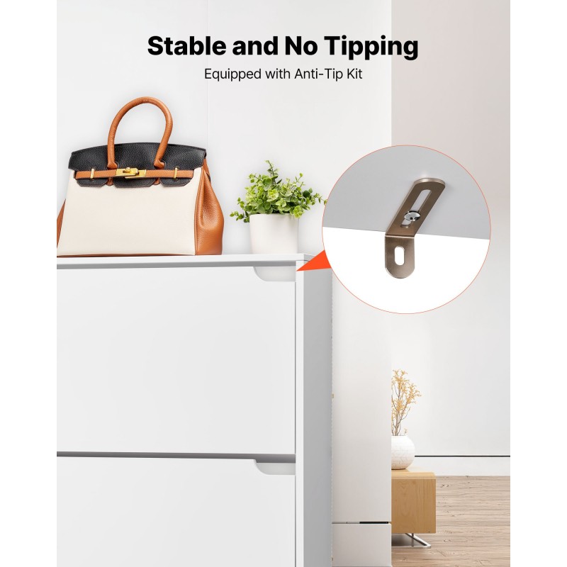 Kenkäkaappi lastulevyinen valkoinen 3 kääntölaatikkoa siirrettävät hyllyt kaadunsuojalla