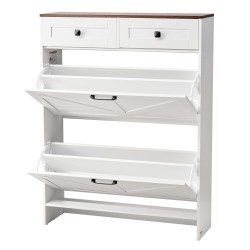 Kenkäkaappi kaksi kippikaappia kaksi vetolaatikkoa valkoinen pähkinänsävyinen kansitaso kaatumissuoja