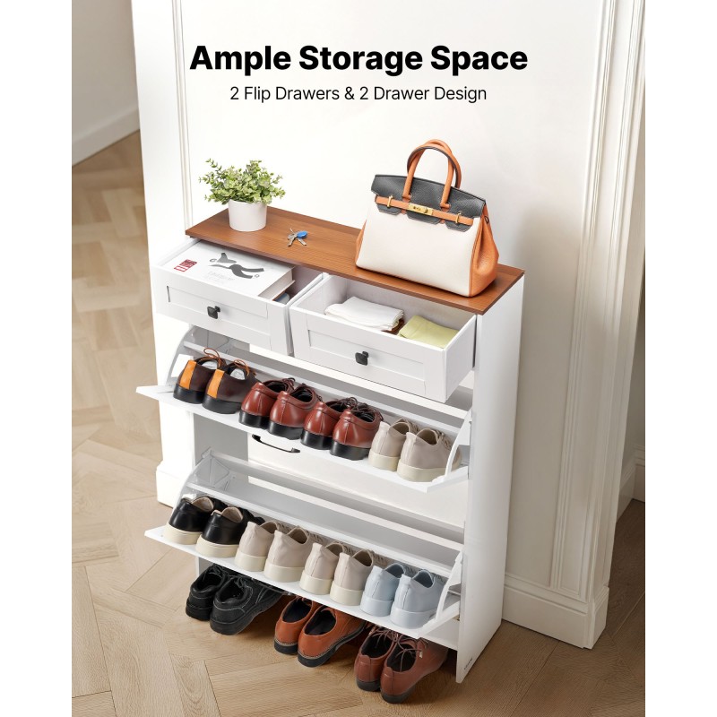 Kenkäkaappi kaksi kippikaappia kaksi vetolaatikkoa valkoinen pähkinänsävyinen kansitaso kaatumissuoja