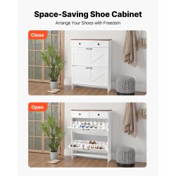 Kenkäkaappi kaksi kippikaappia kaksi vetolaatikkoa valkoinen pähkinänsävyinen kansitaso kaatumissuoja