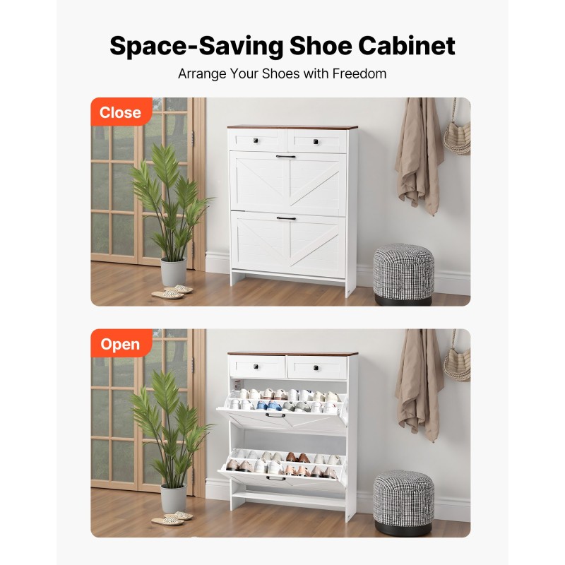 Kenkäkaappi kaksi kippikaappia kaksi vetolaatikkoa valkoinen pähkinänsävyinen kansitaso kaatumissuoja