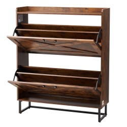 Kenkäkaappi kaksi kääntölaatikkoa ruskea lastulevy MDF metallijalat säädettävät hyllyt