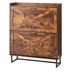 Kenkäkaappi kaksi kääntölaatikkoa ruskea lastulevy MDF metallijalat säädettävät hyllyt