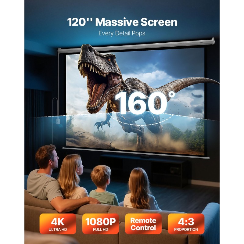 Moottoroitu valkokangas 120 tuumaa 4:3 PVC-pohjainen neulottu kangas 4K-tuki