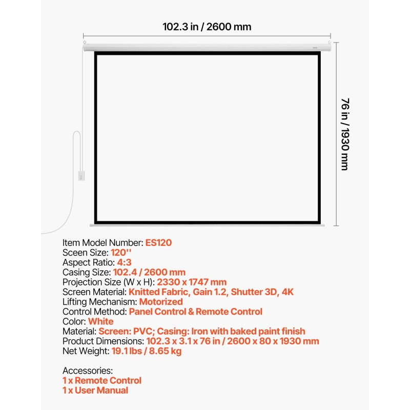 Moottoroitu valkokangas 120 tuumaa 4:3 PVC-pohjainen neulottu kangas 4K-tuki