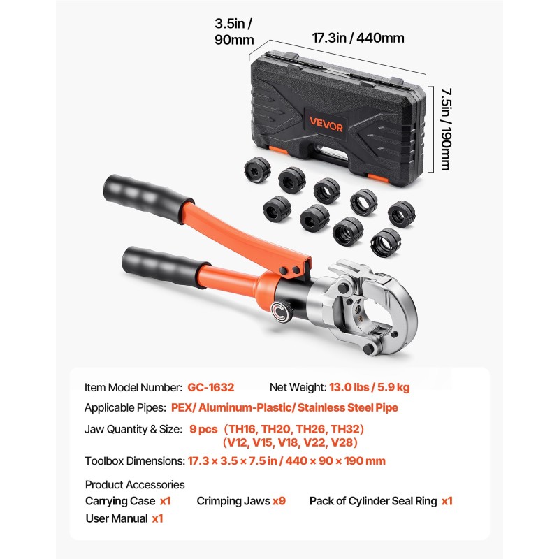 Hydraulinen putkien puristustyökalu 9 vaihdettavaa leukaa PEX ja alumiinimuoviputkille sekä ruostumattomille teräsputkille
